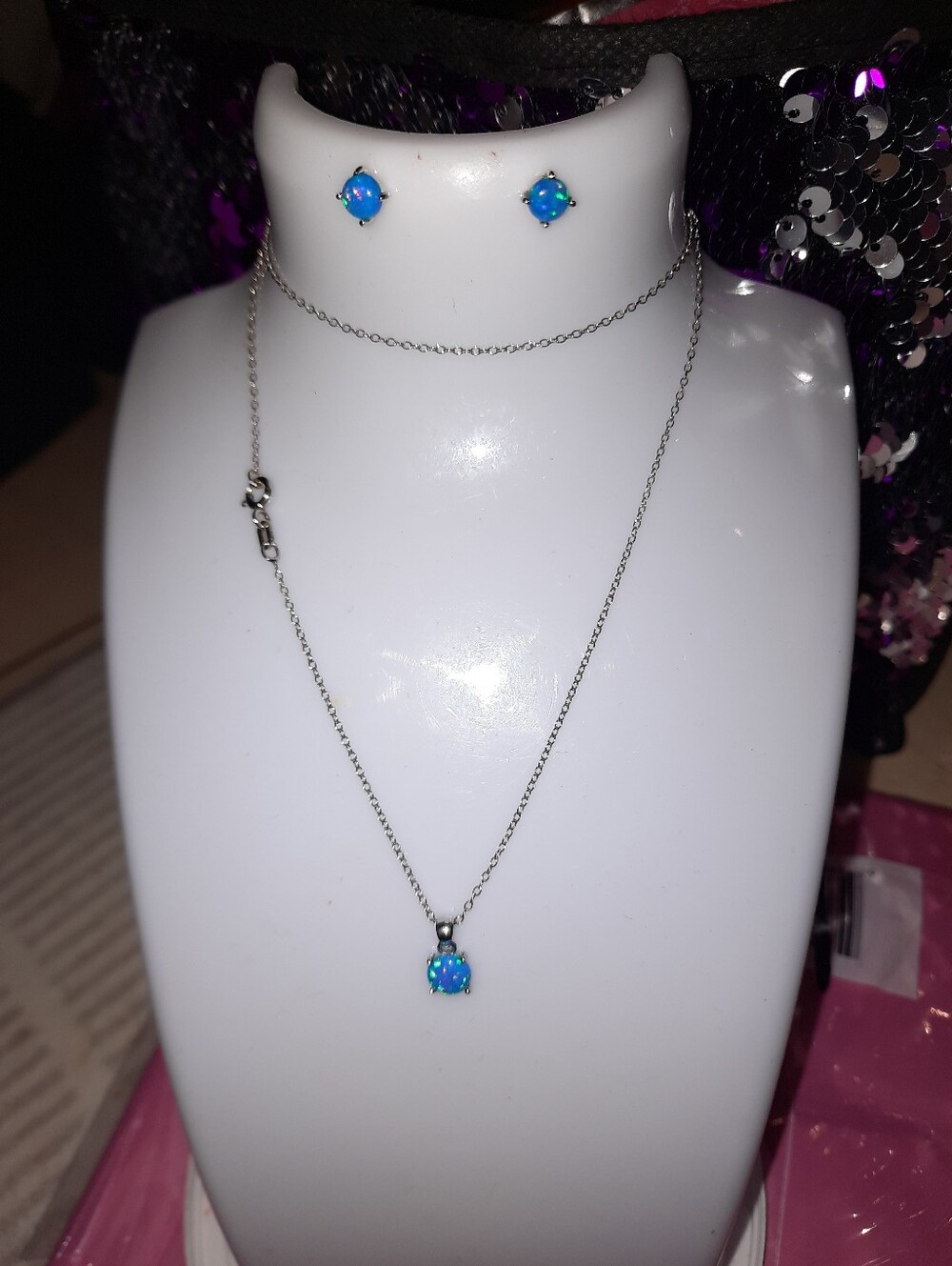 AUTHENTIC SOLID STERLING SILVER OPAL OCTOBER BIRTHSTONE EARRINGS & NECKLACE SET